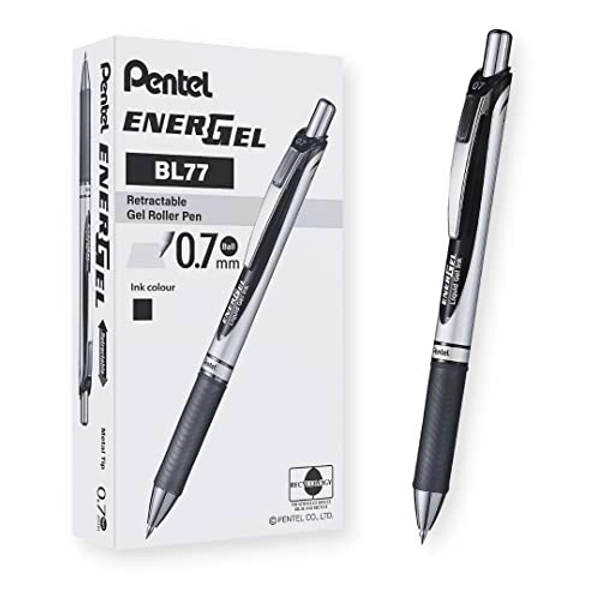 Pentel EnerGel Retractable Liquid Gel Rollerball Pen, 0.7mm Medium Point, Black Ink, Box of 12