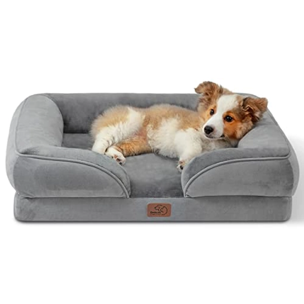 Bedsure Orthopedic Dog Bed Medium - Medium Dog Bed Waterproof, Foam Sofa with Removable Washable Cover, Waterproof Lining and Nonskid Bottom Couch, 28x23x7 Inches, Grey