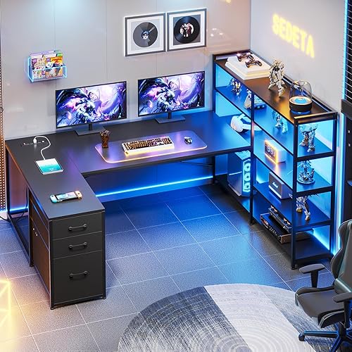 SEDETA L Shaped Gaming Desk, Reversible U Shaped Computer Desk with Power Outlet and Storage Shelves, Corner Gaming Desk with LED Lights, 3 Fabric Drawers, Black - Black - Drawers