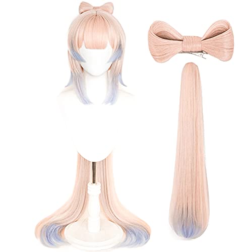 Amback Kokomi Cosplay Wig for Game Light Pink Ombre Blue Lolita Gradient Costume Wig with Bow