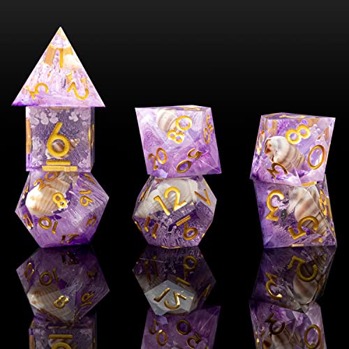 Sharp Edge DND Dice Set Handmade 7 Accessories Dice for Dungeons and Dragons TTRPG Games, Multi-Sided RPG Polyhedral Resin Sharp Edge Dice Roleplaying Games Shadowrun Pathfinder MTG(Shell Purple) - Shell Purple