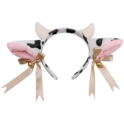 BPNHNA Cow Ears and Horns Headband Bow Ribbon Bells Headwear Elastic Hair Hoop For Party Animal Cosplay Costume White