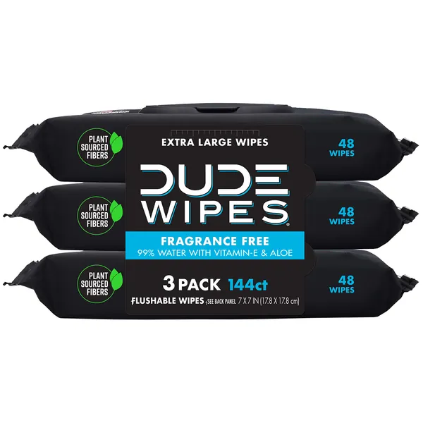 DUDE Wipes Flushable Wipes Dispenser, Unscented Wet Wipes with Vitamin-E & Aloe for at-Home Use, Septic and Sewer Safe, 48 Count (144ct, Pack of 3) - Fragrance Free