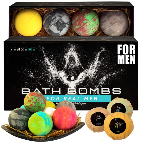 Bath Bombs for Men, Gift Set of 8 Scented Organic Handmade Bath Bombs of 2.5 oz with Natural Essential Oils. Perfect for Boyfriend, Husband, Father or Friend, by ZenseMe -