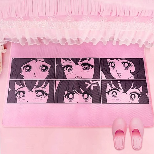 Glopastel Anime Eyes Rug | Cute Kawaii Kids Rectangle Room Area Carpet | Happy Girl Expressions Design (Pink Gray, 31x47) - Pink Gray 31x47