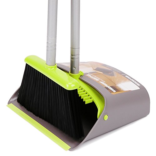 TreeLen Broom and Dustpan Set, TreeLen Broom with Dust Pan with Long Handle Combo Set for Office and Home Standing Upright Sweep Use with Lobby Broom - B Gray Green Broom Set