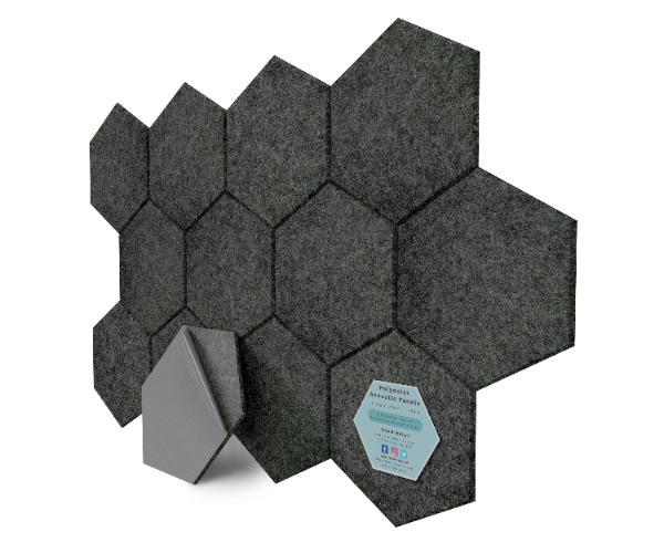 Hexagon Polyester Acoustic Panels - 12 Pack | Eco-Friendly Sound Absorption | Easy Peel & Stick Installation - Dark Grey