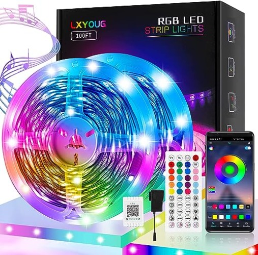 100ft Led Lights for Bedroom, APP Control Music Sync Color Changing,Ultra Long RGB 5050 Led Strip Lights with 44Keys IR Remote for Christmas Room Home Decoration - 100ft-2rolls