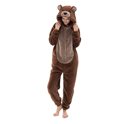 COSUSKET Snug Fit Unisex Adult Onesie Pajamas, Flannel Cosplay Animal One Piece Halloween Costume Sleepwear Homewear - Borwn Bear - Medium