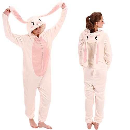 COSUSKET Snug Fit Unisex Adult Onesie Pajamas, Flannel Cosplay Animal One Piece Halloween Costume Sleepwear Homewear - Rabbit - Medium
