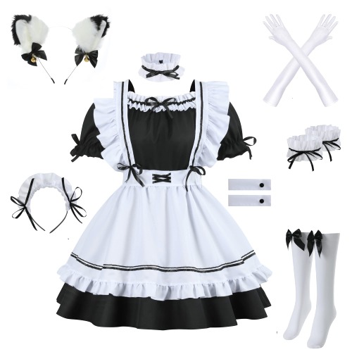 Catchcostume Cute Anime Dress French Maid Cosplay Costume Party Stage Cat Ear Gloves Socks 9 Set