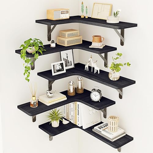 Fixwal Corner Floating Shelves, Wall Mounted Corner Shelf Set of 5, Rustic Wood Wall Shelves for Bathroom, Kitchen, Bedroom or Living Room (Black) - 3-black