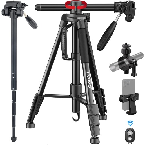 EVUMO 65.7'' Professional Video Camera Tripod, Aluminum Camera Tripod Monopod for DSLR, Camcorder, Scopes, with 360-Degree Rotatable Center Column, Wireless Remote & phone holder, Load Up to 11 Pounds
