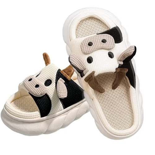 Aloiyue Cartoon Cow Slippers for Women,Cute Cow Print Cotton/Linen Kawaii House Slippers,Fluffy Milky Winter Indoor Outdoor Cozy Cow Slippers - L-cow 7-8 Women/5-6 Men