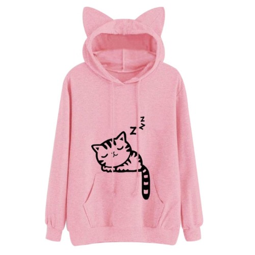 Sleepy Cat Hoodie - Pink / M