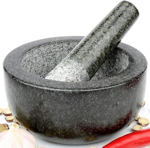 H&S Pestle and Mortar Set Premium Solid Granite Stone Large Black - 16cm(6.3") Diameter
