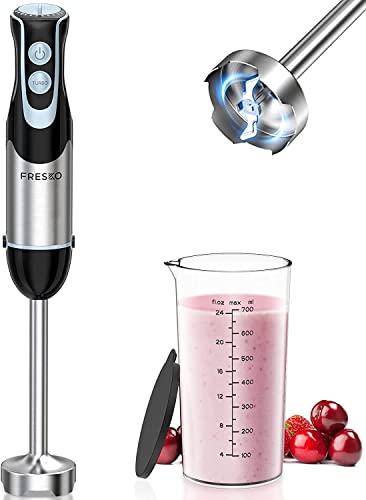 FRESKO Stainless Steel Hand Blender, 1200W Electric Stick Blender with 12 Speed and Turbo Mode, Heavy Duty Copper Motor Immersion Blender,700ml Beaker for Baby Food, Smoothies, Soup, BPA-Free - Blender+Beaker