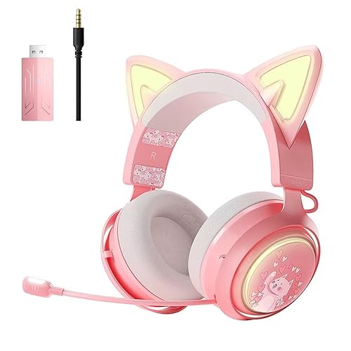 SOMIC Cat Ear Headphones, 2.4G/Bluetooth Wireless Gaming Headset for PS5, PS4, PC with RGB Lights and Retractable Mic, 10Hrs Playtime, 7.1 Surround Sound for Laptop, Smartphone-GS510 Pro - Pink - 2.4G+Bluetooth+Wired - Pink