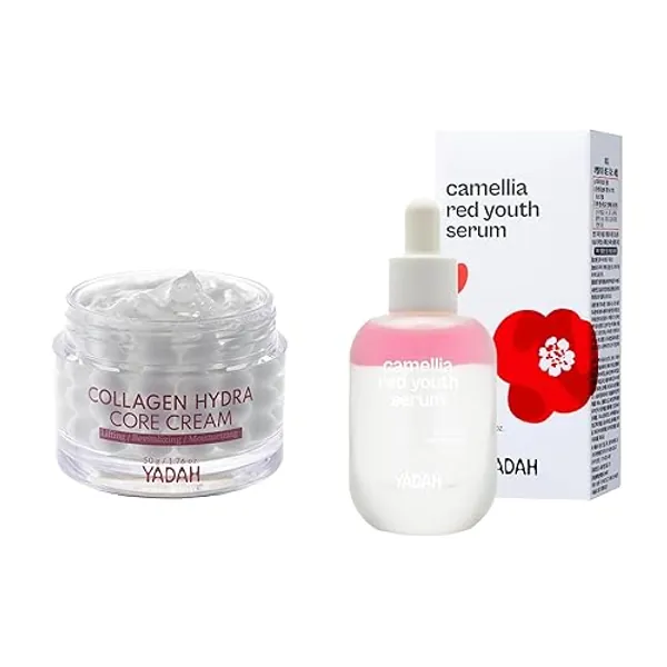 YADAH Collagen Hydra Core Cream (50g) & Camellia Red Youth Serum 1.01fl oz Wrinkle care & Firming care Facial Serum with Bakuchiol and Camellia Oil Skin Defense Treatment Hydration wrinkle care, Firmi