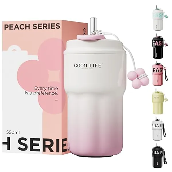 GOOM 18oz Spill Proof Tumbler with Lid and Straw, 18/10 Stainless Steel, 6-Layer Insulation, Insulated Tumbler Cups with Flip Lid and Straw Mouth Rotary Lock, Leak Proof Tumbler - White, Pink - 18 Ounces - Peach Whisper