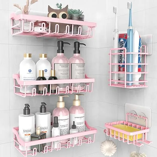 Bathroom stars 5 Pack Adhesive Shower Caddy, Rustproof Stainless Steel Shower Racks for Bathroom Organizers & Storage, Pink Wall Mounted Shower Shelves for Inside Shower Apartment Bathroom Essentials - Pink of 5