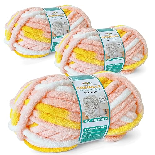 FREEASYFAR Chunky Chenille Yarn (Lemonade, 3 Pack)
