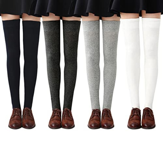 Chalier Apparel Womens Thigh High Socks Cotton Striped Over the Knee Socks Long Knee High Stockings for Women - One Size - F-solid 02-4 Pairs
