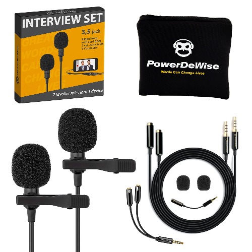 Professional Grade 2 Lavalier Lapel Microphones Set for Dual Interview - Double Lav Microphone - Perfect as Blogging Vlogging Interview Microphone for iPhone