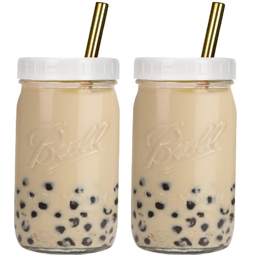 Bubble Tea Cups 2 Pack, Reusable Wide Mouth Smoothie Cups, Iced Coffee Cups With White Lids and Gold Straws Mason Jars Glass Cups, Travel Glass Drinking Bottle (32oz, Gold Straws) - 