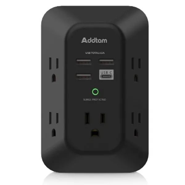 USB Wall Charger Surge Protector - Addtam 5 Outlet Extender with 4 USB Charging Ports ( 1 USB C, 4.5A Total), 3-Sided 1800J Power Strip Multi Plug Outlets Adapter Widely Spaced,Black