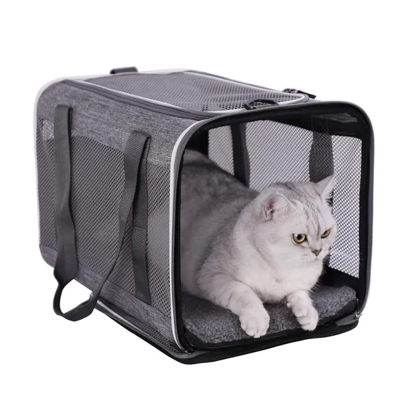 Soft Pet Travel Carrier Bag for Large and Medium Cats, 2 Kitties, Small Dogs up to 25 lbs. Easy to Get Cat in, Great for Cats That Don't Like Carriers - Grey
