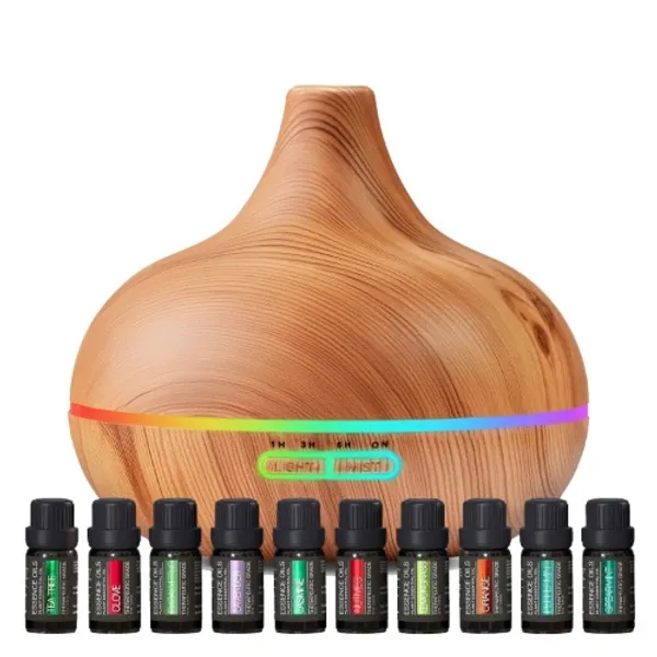 Ultimate Aromatherapy Diffuser & Essential Oil Set - Ultrasonic Diffuser & Top 10 Essential Oils - Modern Diffuser with 4 Timer & 7 Ambient Light Settings - Therapeutic Grade Essential Oils - Lavender - 
