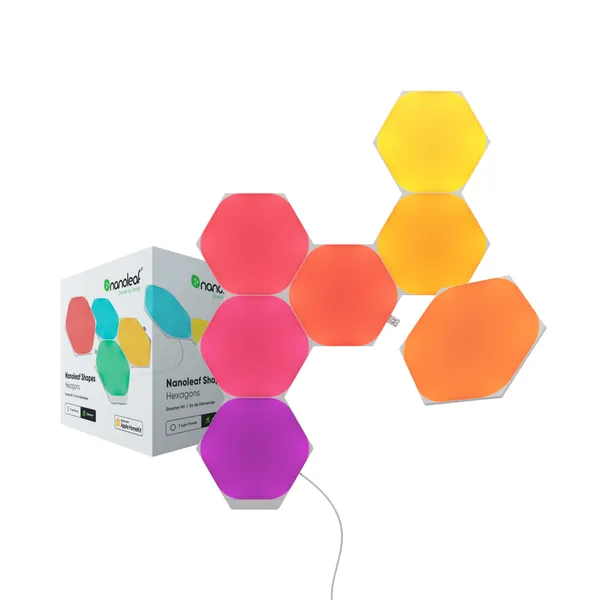 Nanoleaf Shapes Hexagons WiFi and Thread Smart RGBW 16M+ Color LED Dimmable Gaming and Home Decor Wall Lights Smarter Kit (7 Pack) - 