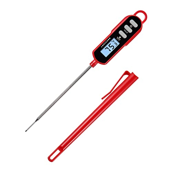 Lonicera Instant Read Digital Meat Thermometer for Food, Bread Baking, Water and Liquid. Waterproof and Long Probe with Meat Temp Guide for Cooking, Display with Backlit (Red)