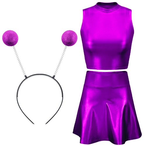 Metallic Top Sleeveless Crop Tank Top Pleated Skirt with Headband for Raves Halloween Cosplay - Medium - Purple