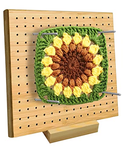 Bamboo Board for Knitting Crochet and Granny Squares Blocking Board for Knitting and Crochet Projects Handcrafted Knitting with 20 Pcs 3.9 Inches Stainless Steel Pins and Wooden Knitting Base - 7.7" yellow