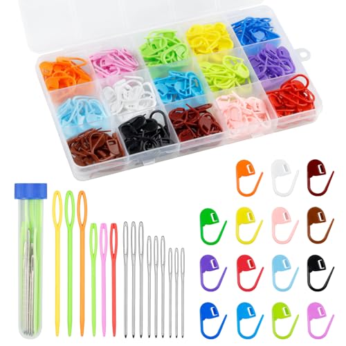 FIVEIZERO 220/900 Pieces Stitch Markers,with 15 Pcs Large Eye Blunt Sewing Needles,Colorful Crochet Stitch Markers for Knitting Stitch Locking Clips Crochet Pins with Storage Box - 220PCS