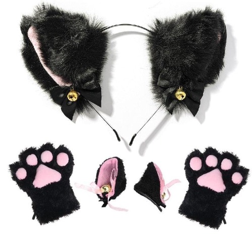 Cat Ears & Gloves Set - Black Set