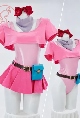 Women Bulma Derivative Sexy Lingerie Set Costume - Pink Bodysuit and Crop Top with Mini Skirt and Waist Bag Cosplay | Top Quality Outfits for Sale