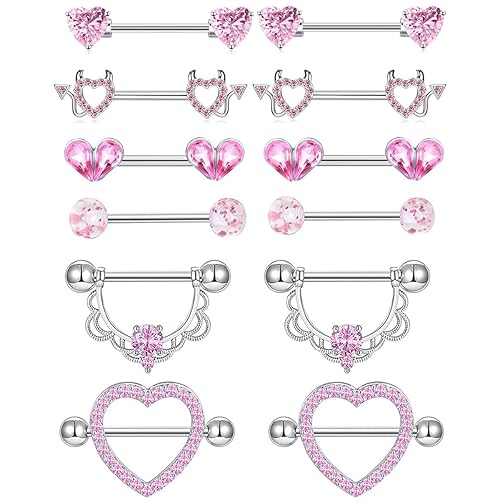 TIANCI FBYJS 6 Pairs Nipple Rings Stainless Steel Heart Butterfly Moon Flower CZ Stud Barbell Tongue Rings Set Cute Nipplerings Piercing Jewelry for Women Pink Tone - pink