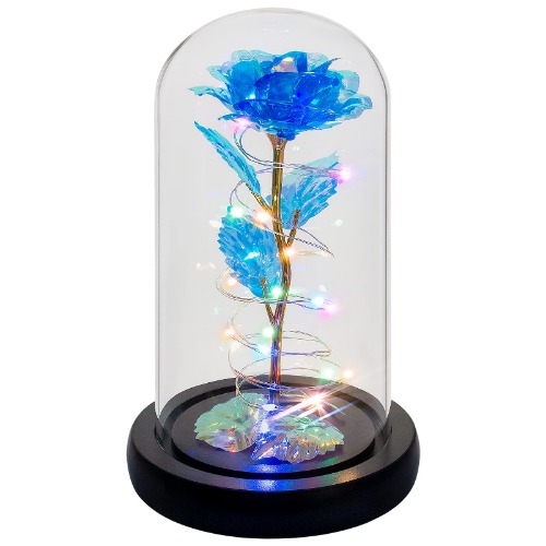 Valentines Day Roses Gifts for Womens,Romantic Rose Gifts for Her, Women Birthday Gifts, Blue Colorful Artificial Flower Rose in A Glass Dome,Gifts for Her,Daughter,Women,Teenage Girls,Girlfriend