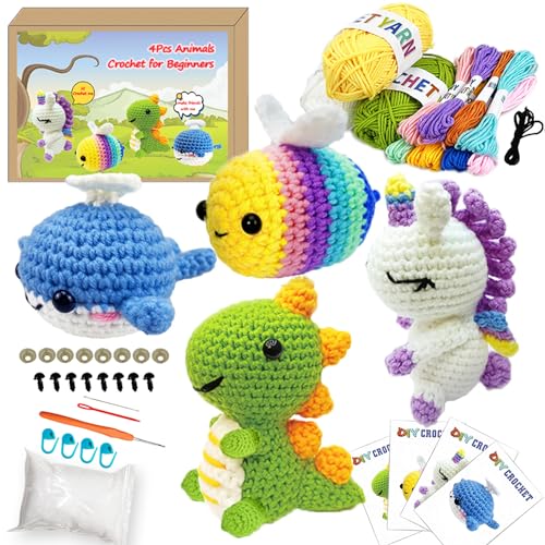 yuzshin Crochet Kit for Beginners, 4 Pack Beginner Crochet Kit for Adults with Step-by-Step Video Tutorials, DIY Crochet Animal Kits Knitting Supplies