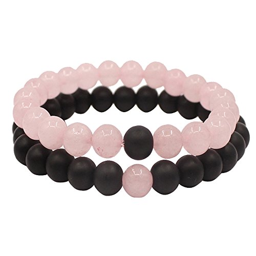 KSQS Long Distance Bracelets For Couples, His And Hers Black Onyx Turquoise Forever Stone Bead Bracelet For Lovers, Crystal Healing Gemstone Bracelet For Woman Man(2pcs) - Pink/Black
