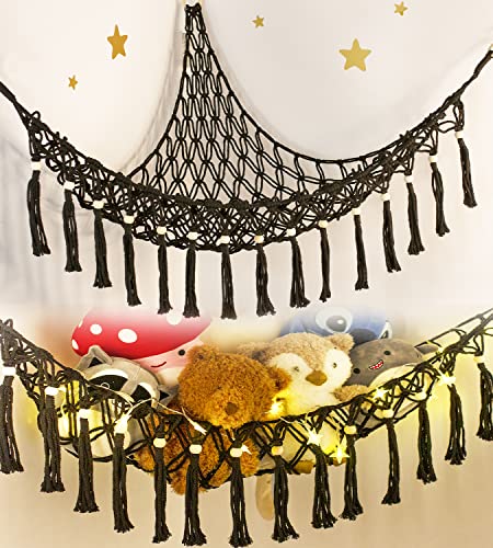 TCGPRO Stuffed Animal Net or Hammock - Hanging Stuffed Animal Hammock Storage - Toy Hammock Holder Boho Wall Corner Hammock Organizer inc LED Light and Hooks, Black - Black - L (39.5"*39.5"*48")