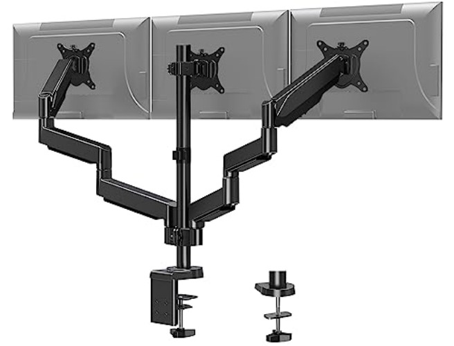 MOUNT PRO Triple Monitor Desk Mount - Articulating Gas Spring Monitor Arm, Removable with Clamp and Grommet Base - Fits 13 to 27 Inch LCD Computer Monitors, VESA 75x75, 100x100 - Max 27" - Black