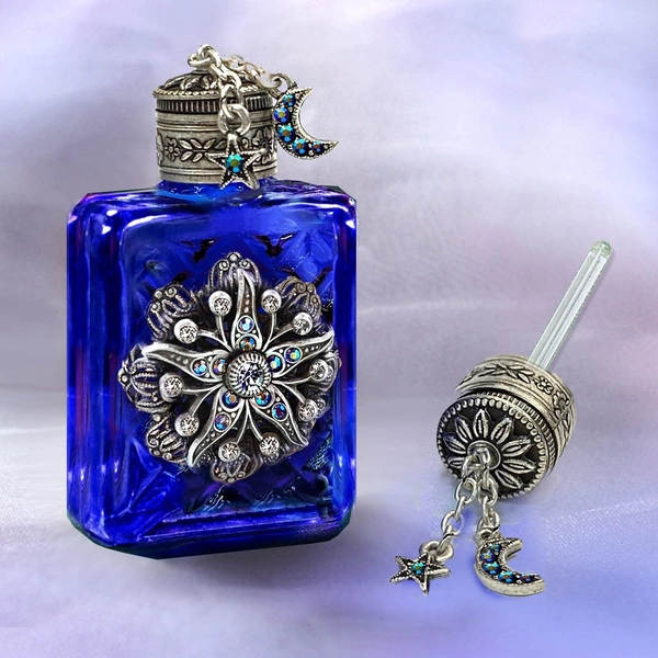 Vintage Cobalt Blue Perfume Bottle, Essential Oil bottles, Star Celestial Mini Perfume, Scent Bottle, Jeweled Czech Glass Bottle 621