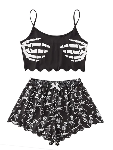 SweatyRocks Women's Summer Strawberry Print Cami Top and Shorts Sleepwear Pajamas Set - Medium Skull Black