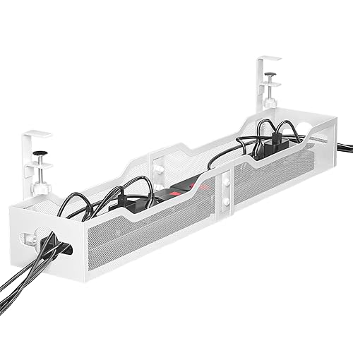 Under Desk Cable Management Tray, 25'' Metal Cable Tray with Clamp for Desk Wire Management, Litwaro Cable Management Under Desk No Drill, Desk Cord Organizer - No Damage to Desk… - 25" - White