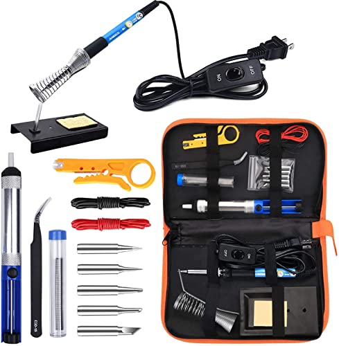 ANBES Soldering Iron Kit Electronics, 60W Adjustable Temperature Welding Tool, 5pcs Soldering Tips, Desoldering Pump, Soldering Iron Stand, Tweezers - Orange-black
