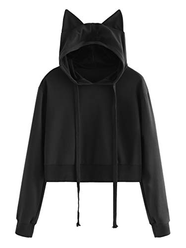 SweatyRocks Women's Long Sleeve Hoodie Crop Top Cat Print Sweatshirt - X-Large - Black#2